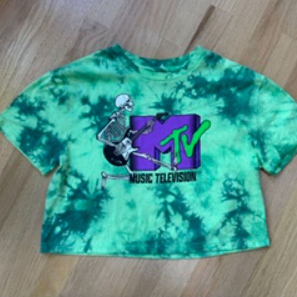 MTV Music Television Tie Dye T-Shirt Skeleton Guitar Green Size S